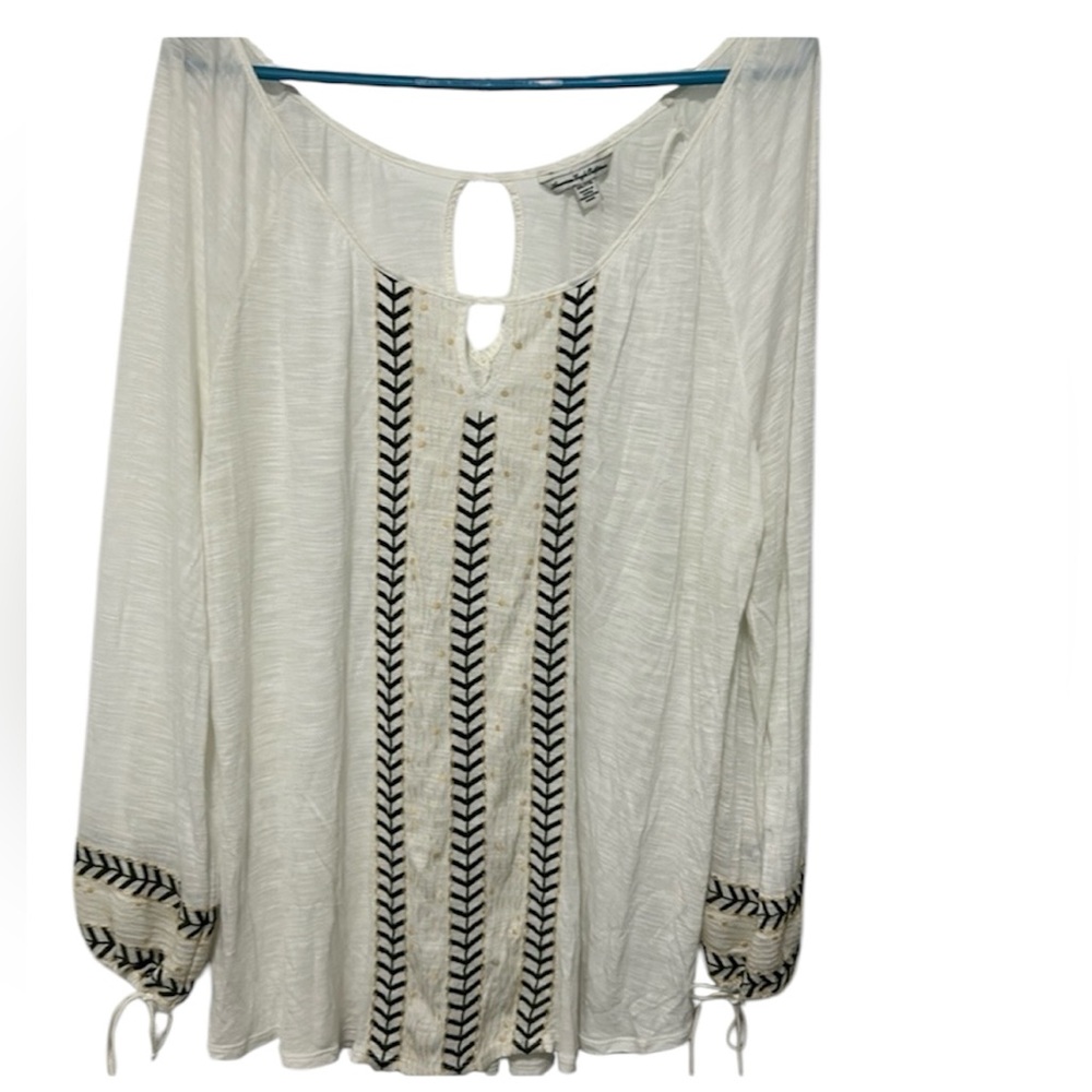 American Eagle sheer keyhole top in cream with black and gold decoration  XXL